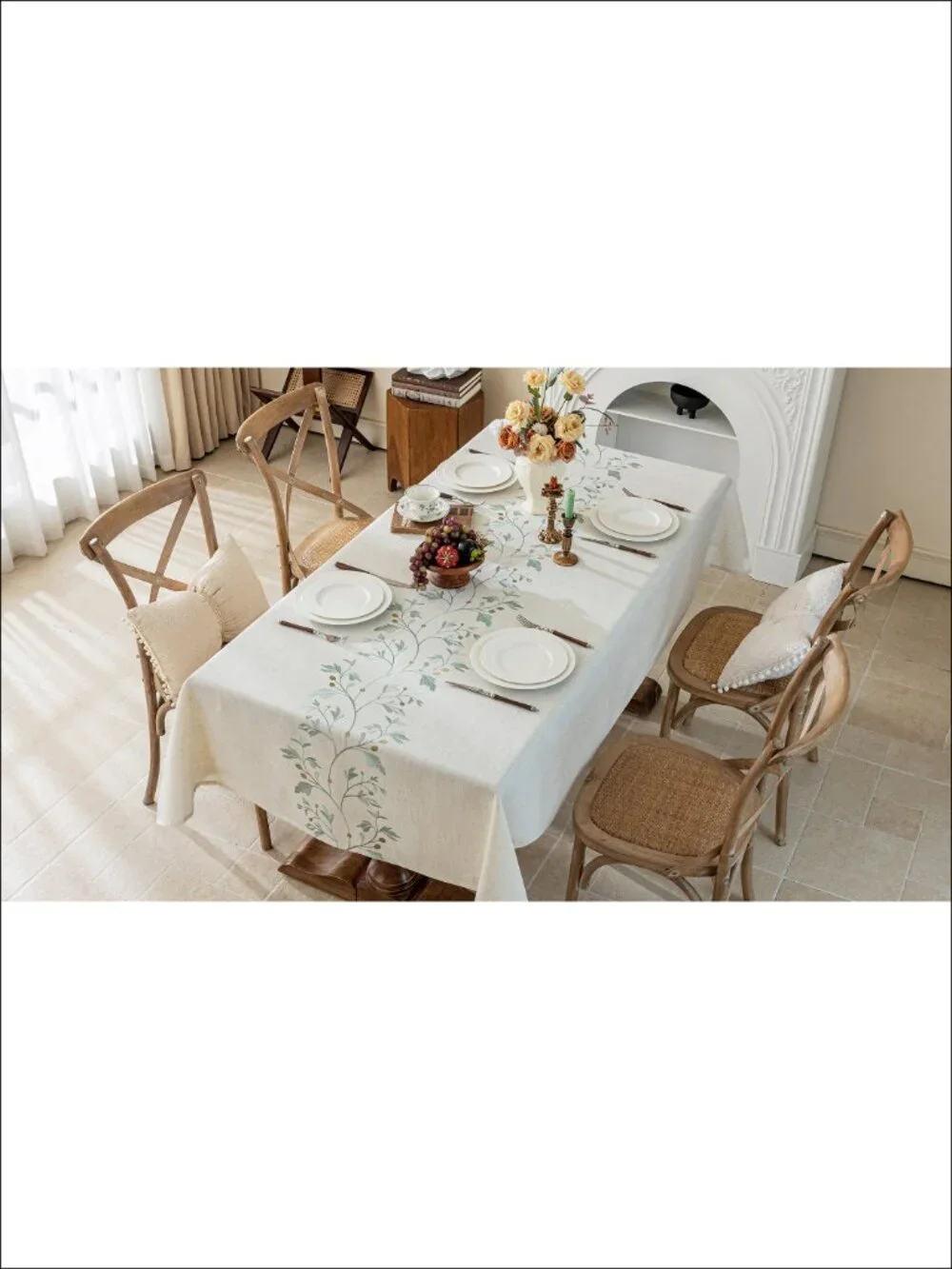 Linen Blend Embroidery Tablecloth Rectangle Waterproof Wrinkle Free